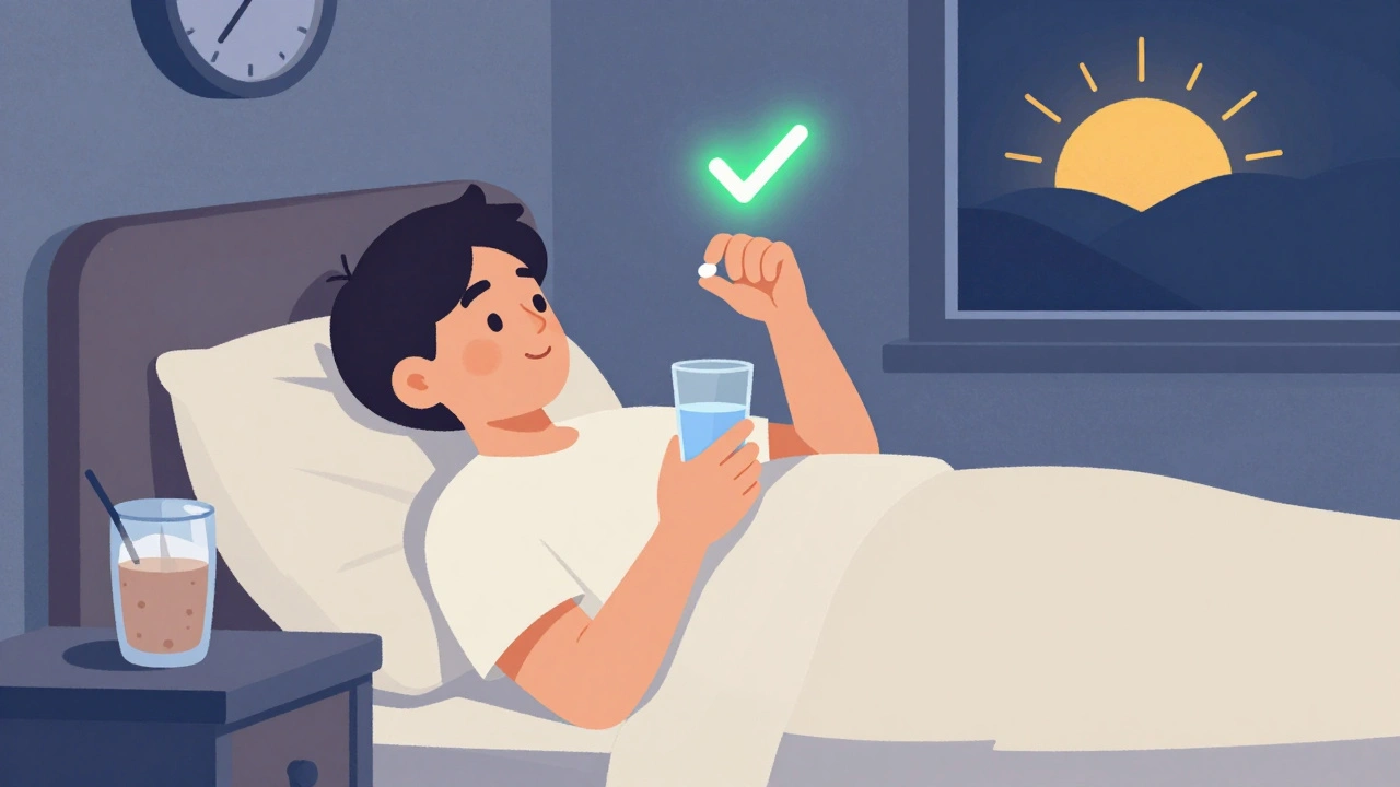 Person taking thyroid pill at night with protein shake on nightstand, sun rising outside.