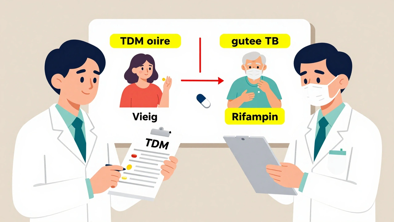 Pharmacist and specialist analyzing TDM report with icons showing drug interactions and absorption issues.