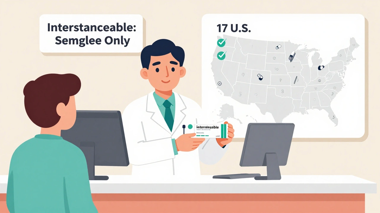 Pharmacist giving biosimilar insulin to patient, with U.S. state substitution laws shown on a wall chart.