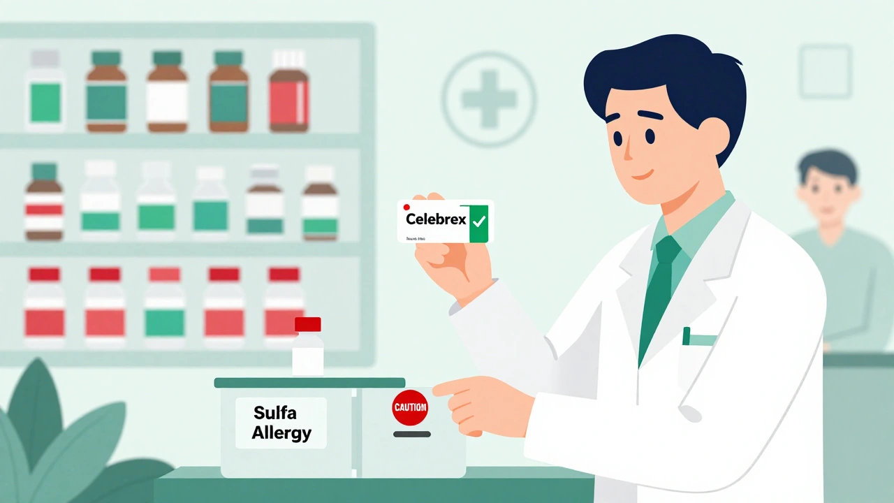Pharmacist removing a misleading allergy label from medication drawer, showing correctly categorized drugs in green and red.