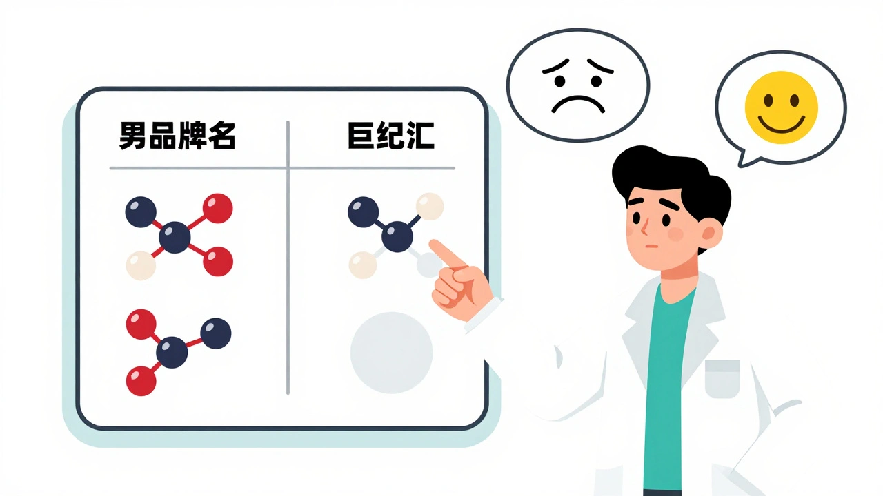 Pharmacist shows patient a visual chart proving generic and brand drugs have identical active ingredients.