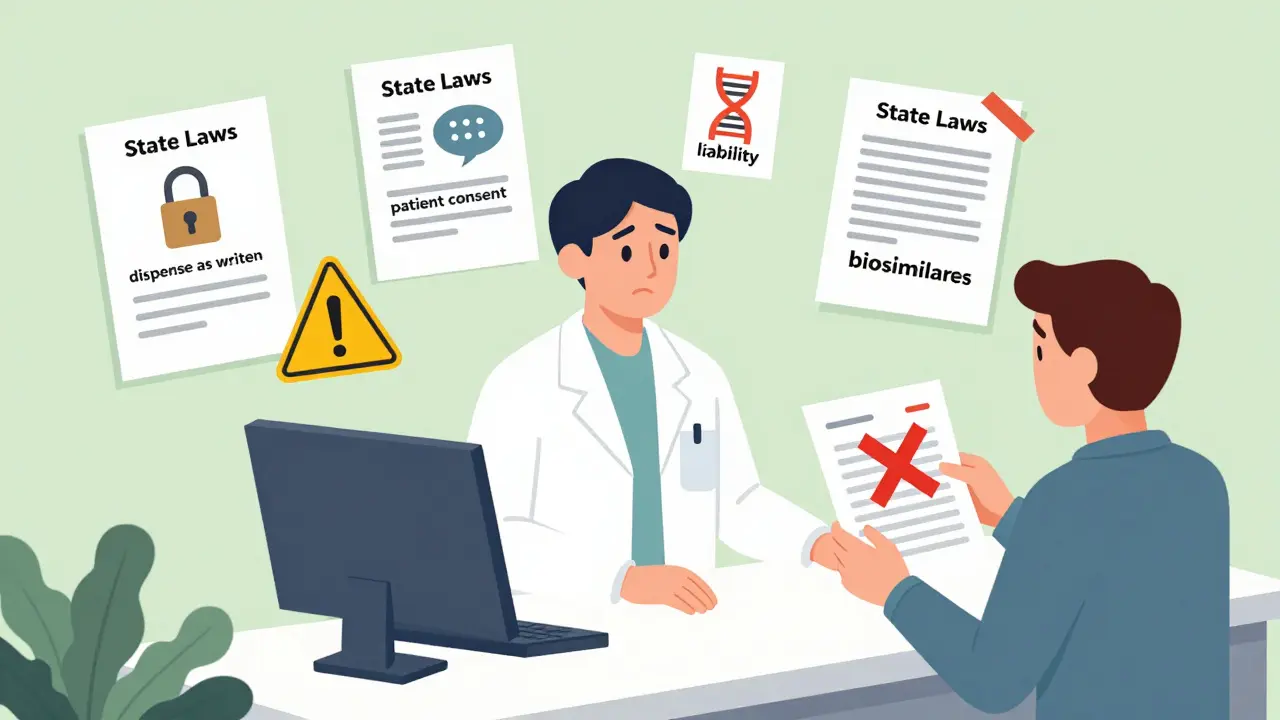 Pharmacist surrounded by floating legal icons representing state rules on drug substitution, consent, liability, and biosimilars.