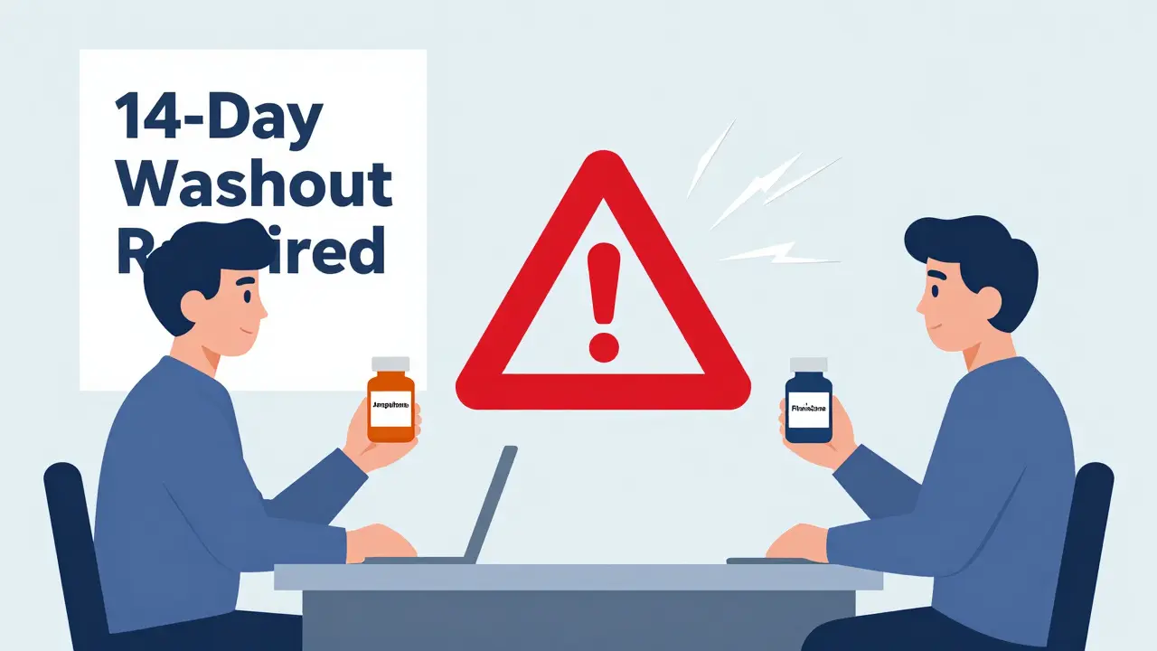 Psychiatrist's office with warning triangle between ADHD stimulant and MAOI pill bottles.