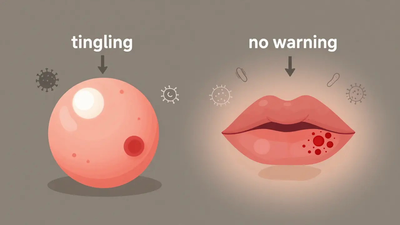 Side-by-side comparison of a cold sore cluster and a single pimple on face