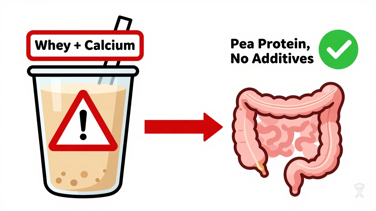Side-by-side comparison of two protein shakes, one blocked, one approved for thyroid patients.