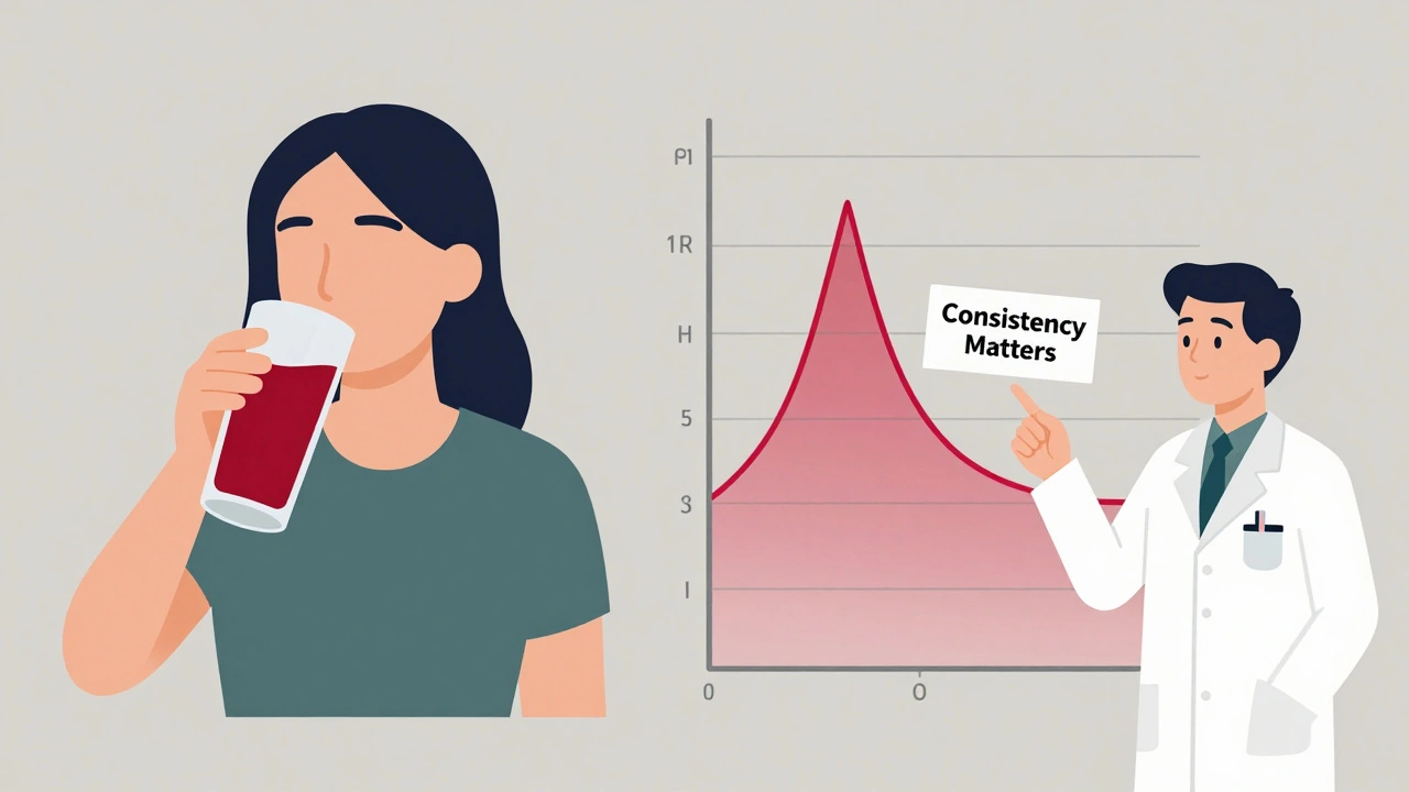 Side-by-side scenes showing consistent vs. inconsistent cranberry juice intake affecting INR levels.
