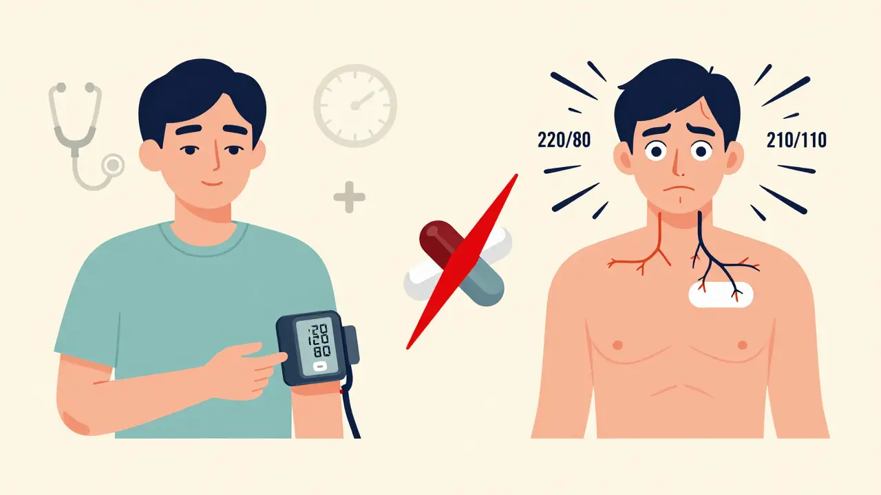 Split-panel medical graphic showing safe vs. dangerous blood pressure response to combined drugs.