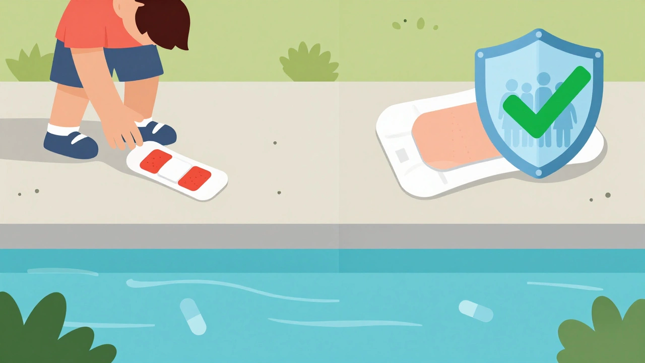 Split scene: child reaching for discarded patch vs. patch safely flushed with protective shield