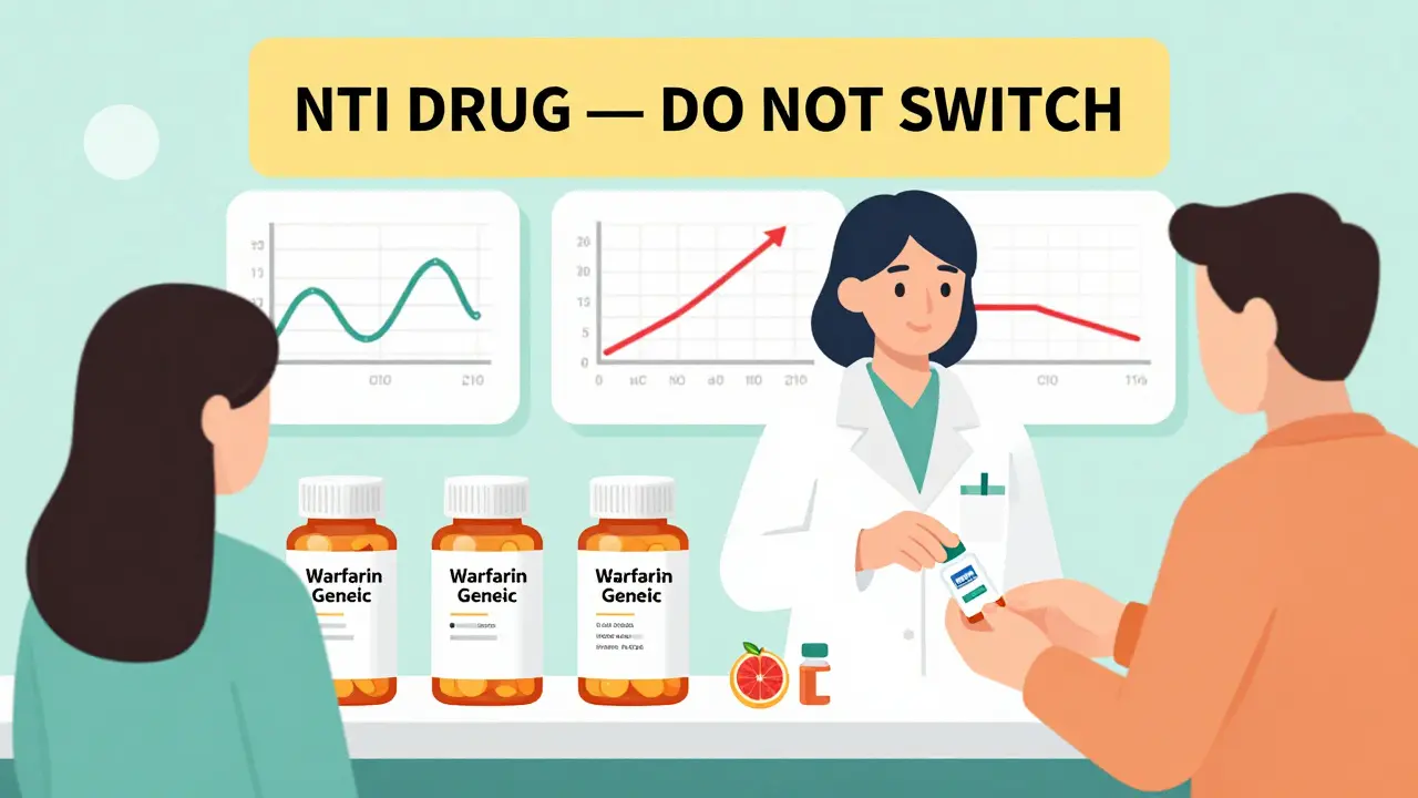 Three generic warfarin bottles with different logos at pharmacy counter, warning sign above.