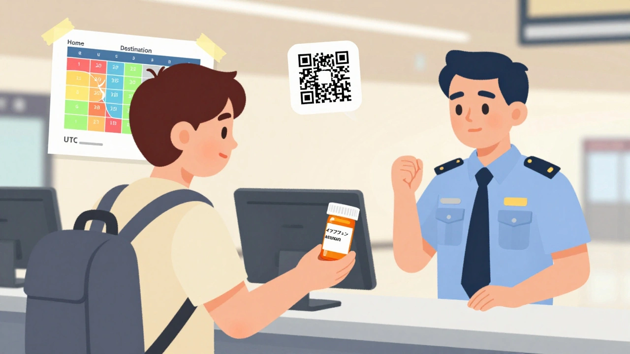 Traveler at customs presenting a multilingual prescription label to an officer.