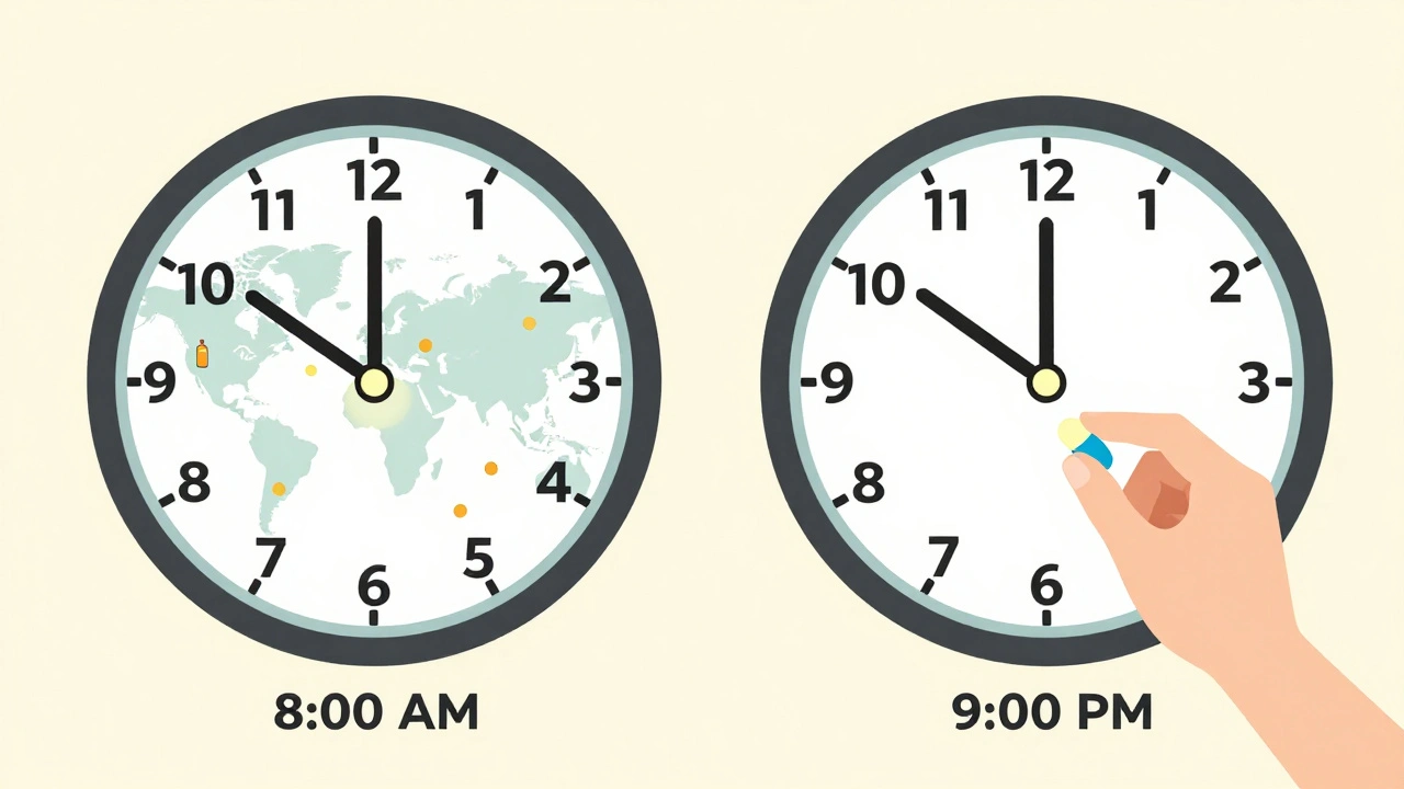 Two clocks showing different time zones with a pill being taken at UTC time.