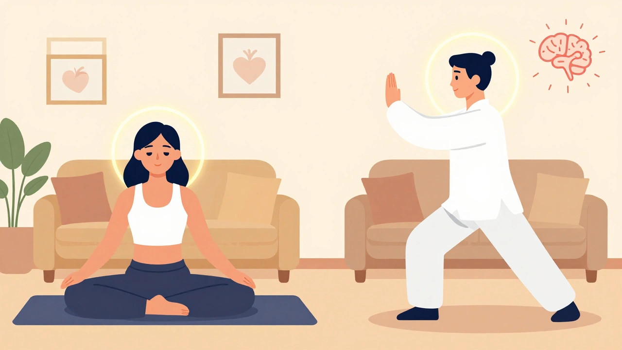 Two figures side by side practicing yoga and tai chi, both with glowing energy representing pain relief.