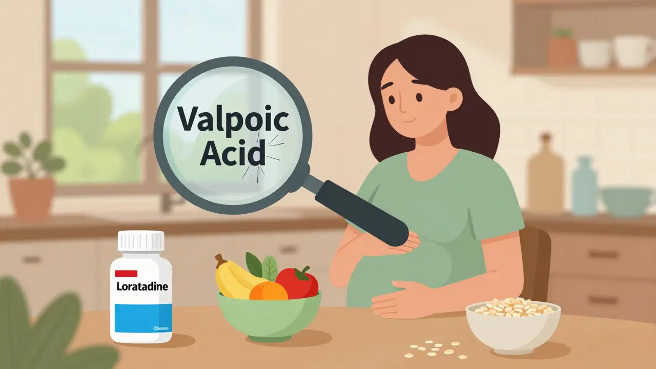 Woman at table with safe pregnancy meds and healthy foods, danger shadow over valproic acid pill