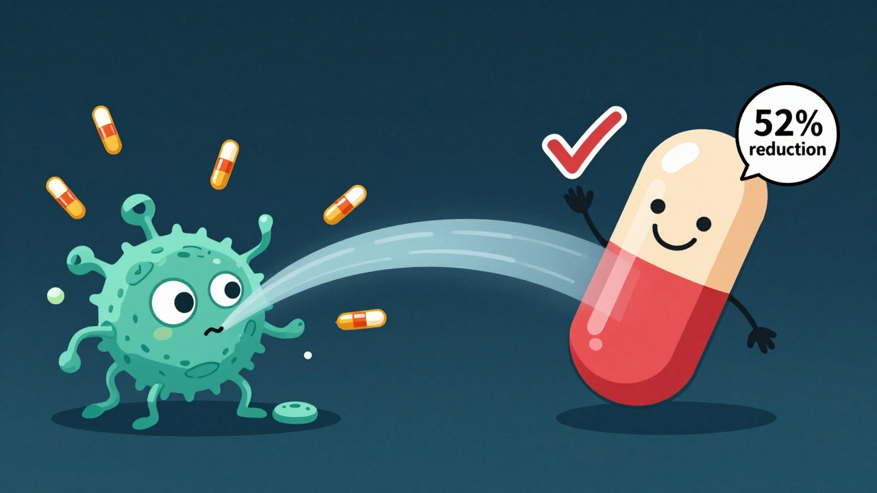 Yeast probiotic unharmed by antibiotics while bacterial probiotic is destroyed, side by side.