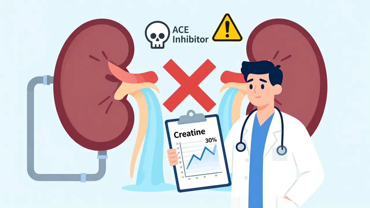 A doctor viewing a creatinine spike chart, while cartoon kidneys show kidney function vanishing after an ACE inhibitor is administered.