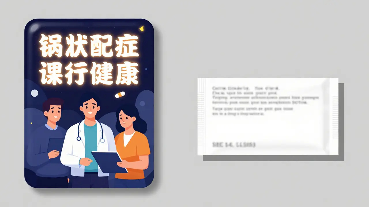 A glossy branded drug ad contrasts with a plain generic package, highlighting the difference in advertising visibility.