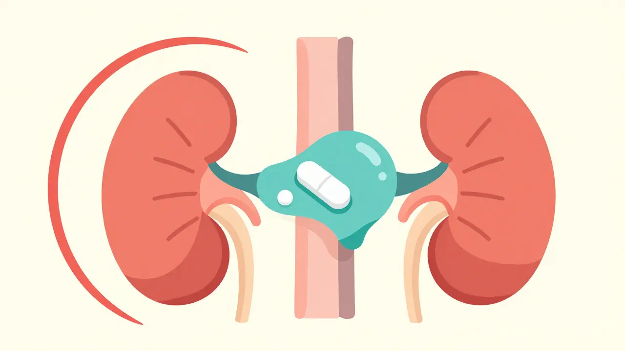 A healthy kidney next to a stenotic one, with an ACE inhibitor pill causing filtration collapse in the affected kidney while the other functions normally.