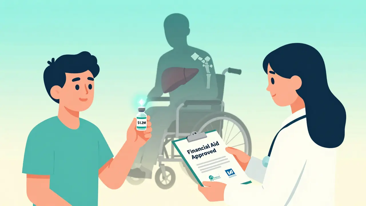 A patient receiving financial aid for an expensive gene therapy as their past illness fades away.