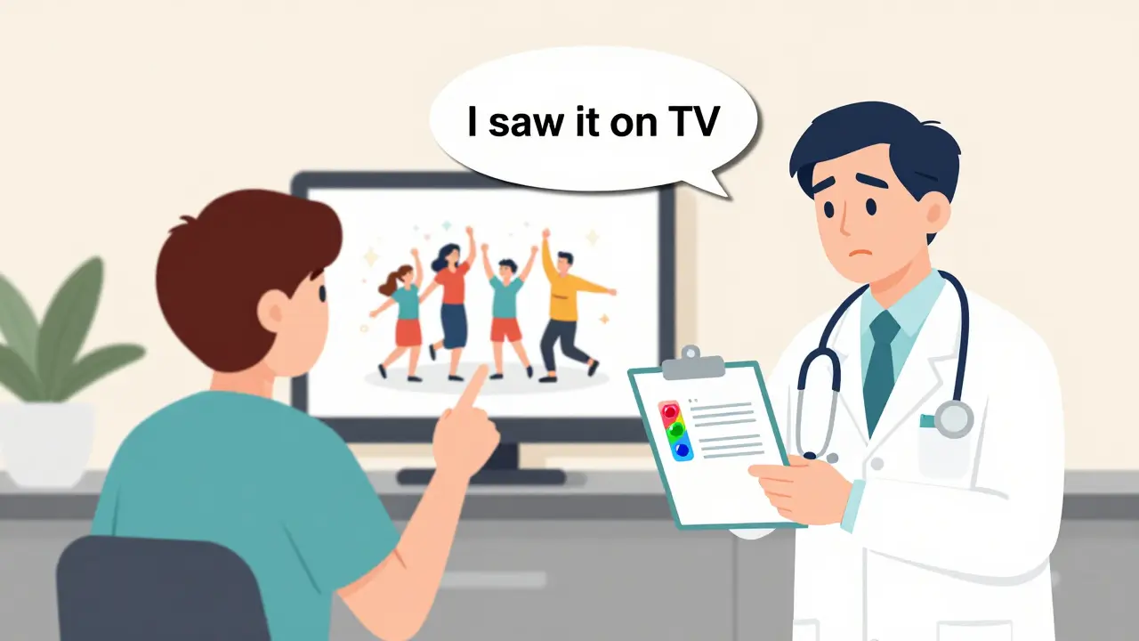 A patient requests a branded drug seen on TV, while a doctor hesitates between branded and generic prescription options.