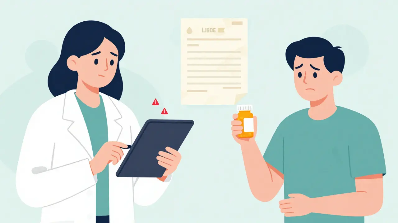 A pharmacist reviewing medication interactions while a patient holds a confusing pill bottle.