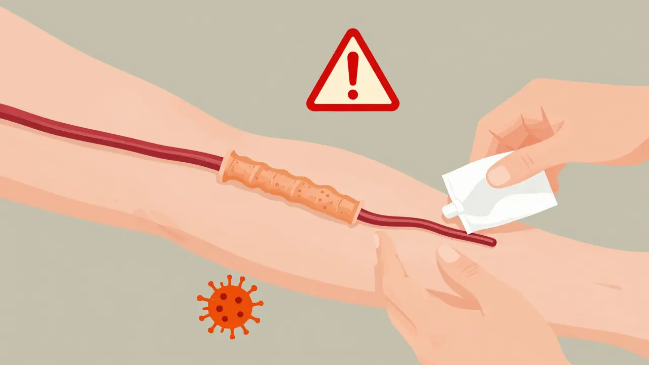 A synthetic graft connecting artery and vein, with warning signs for infection and clotting risks.