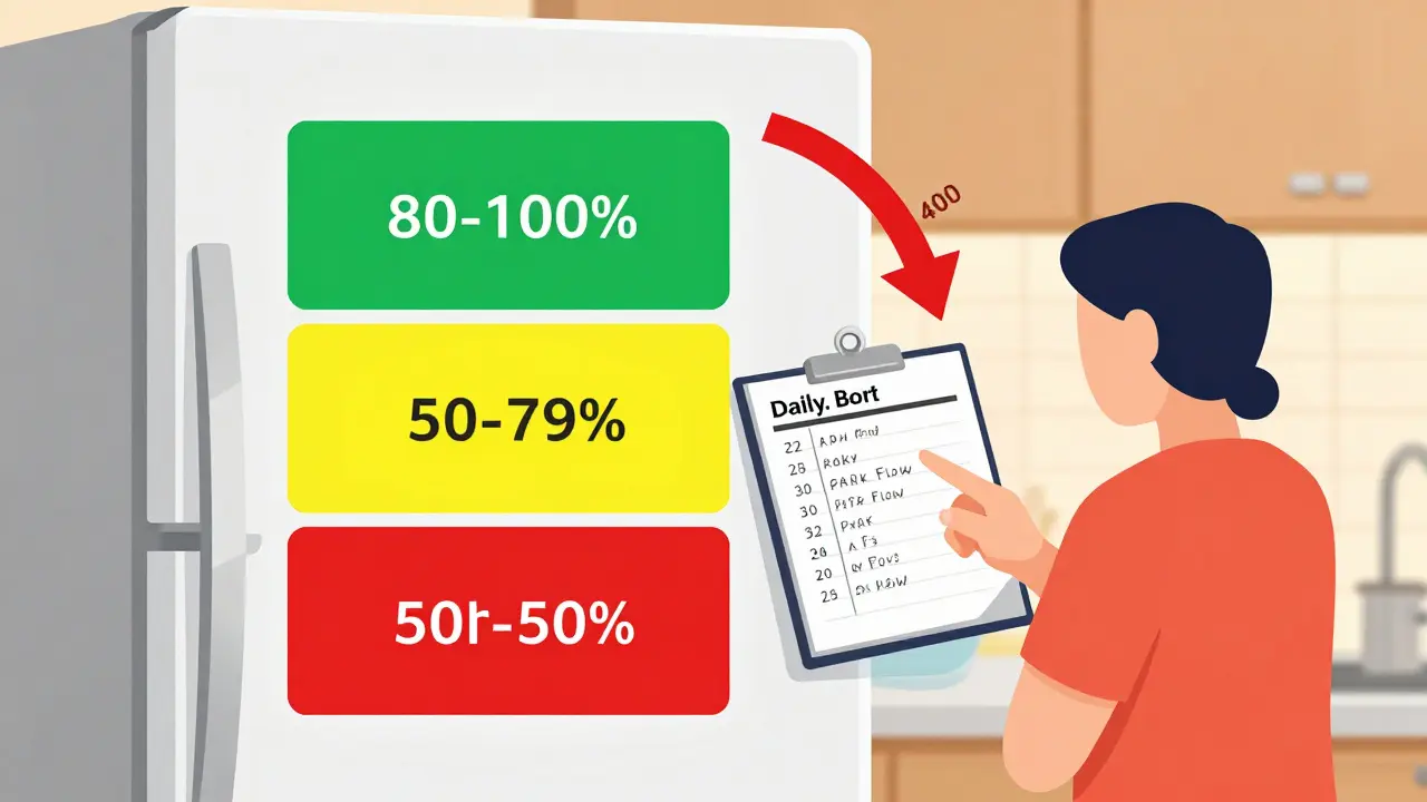 Asthma action plan on a fridge with color-coded zones and daily peak flow logbook.