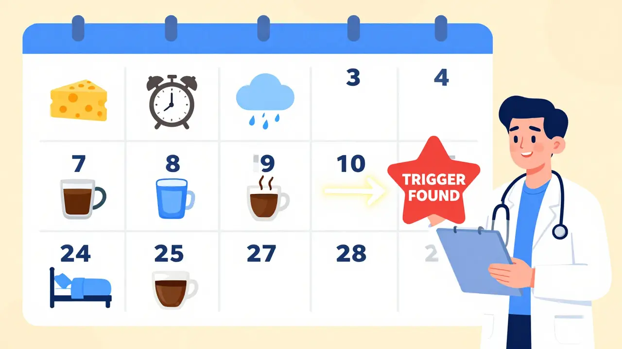 Calendar with 14 days of tracked habits leading to a discovered trigger symbol.