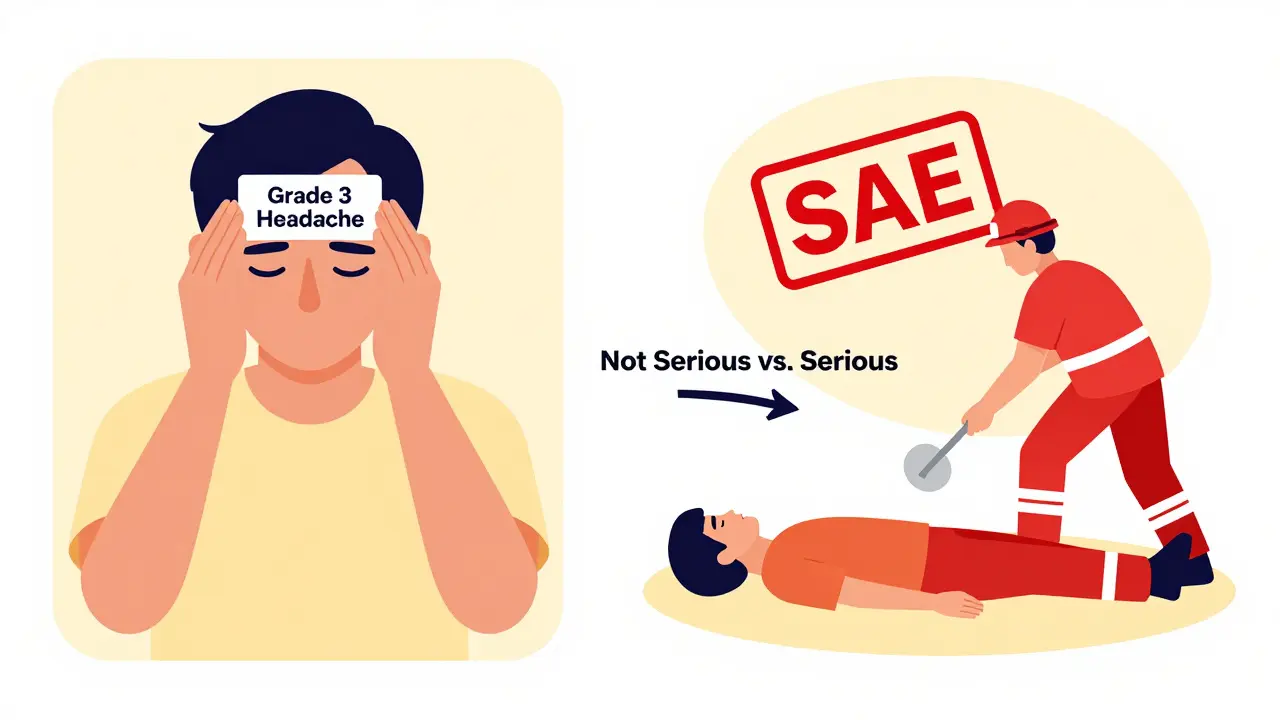Contrasting scenes showing a severe headache versus a hospitalization event, illustrating the difference between severity and seriousness.