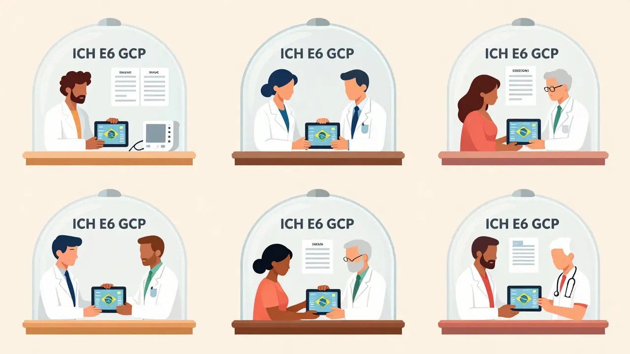 Diverse patients and scientists under a shared ICH GCP dome during clinical trials.
