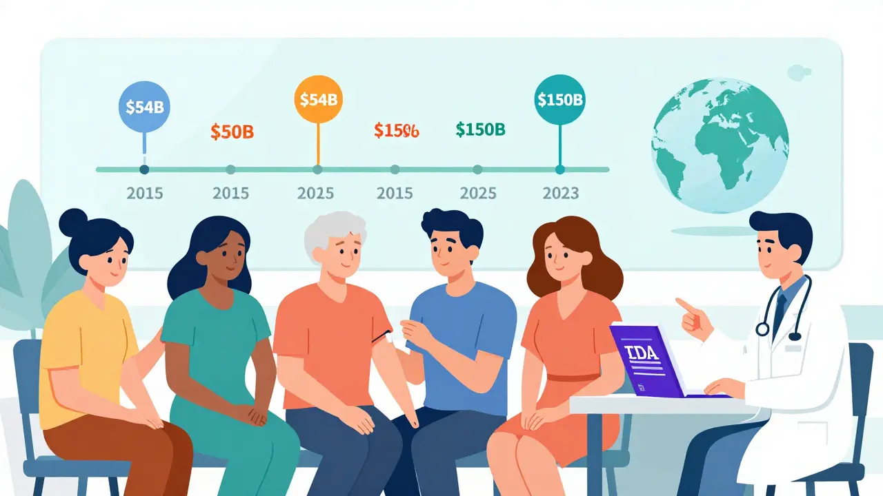 Diverse patients receiving biosimilars in clinic, with timeline of FDA approvals and savings icons in background.