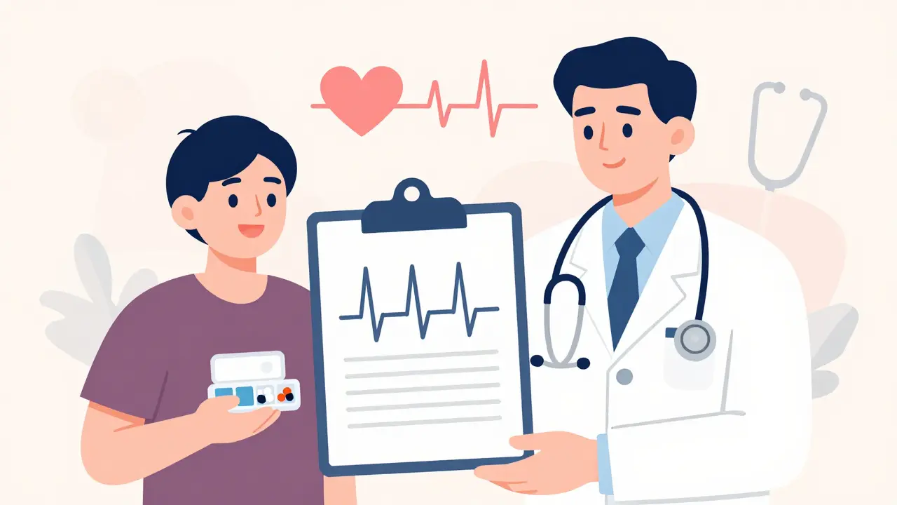 Doctor holding ECG printout as patient smiles with pill organizer, steady heart icon above, symbolizing safe therapy.