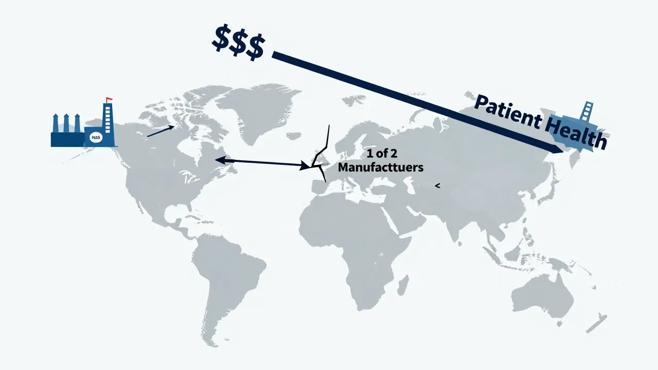Global supply chain map with broken arrows and a single U.S. factory marked as the only source.