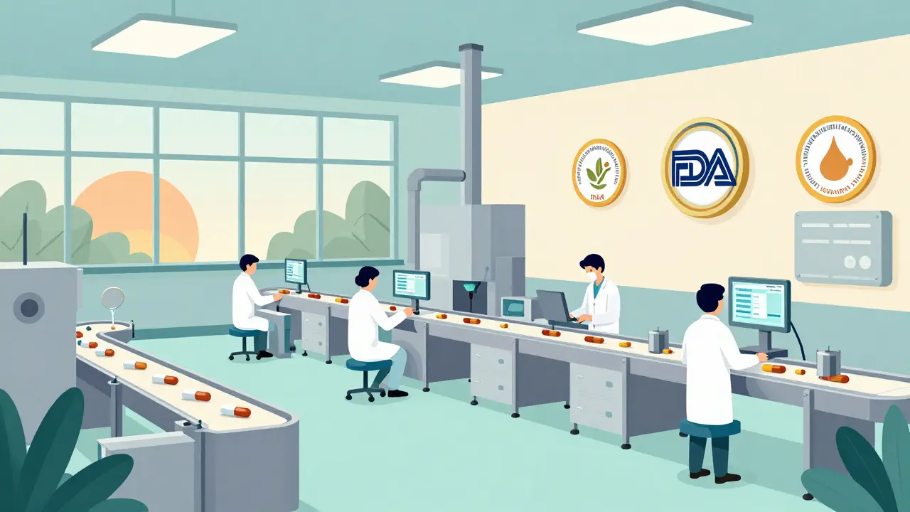 Interior of an Indian pharmaceutical factory with automated production lines and FDA approval badges.