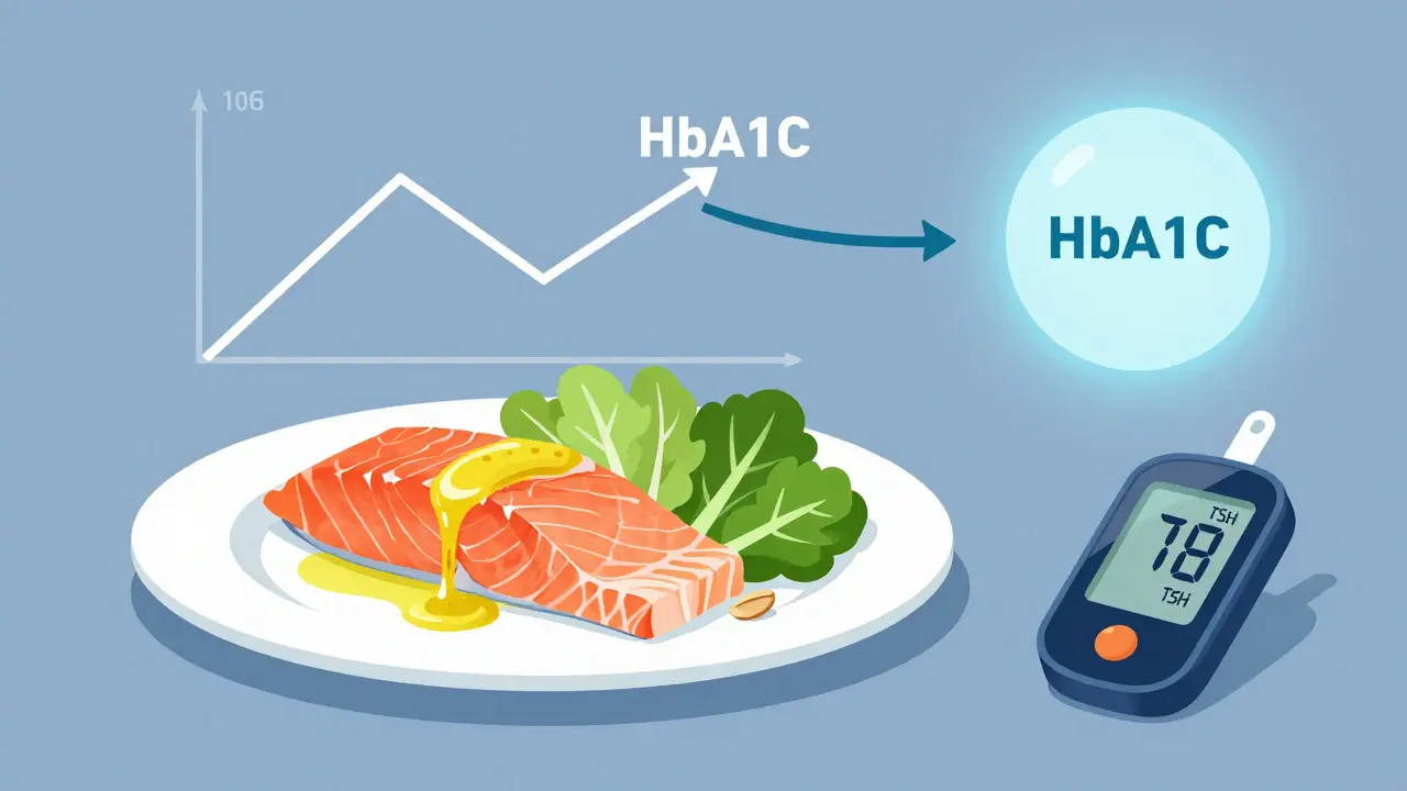 Mediterranean meal with arrows showing improved blood sugar and thyroid levels, plus a glowing glucose monitor.