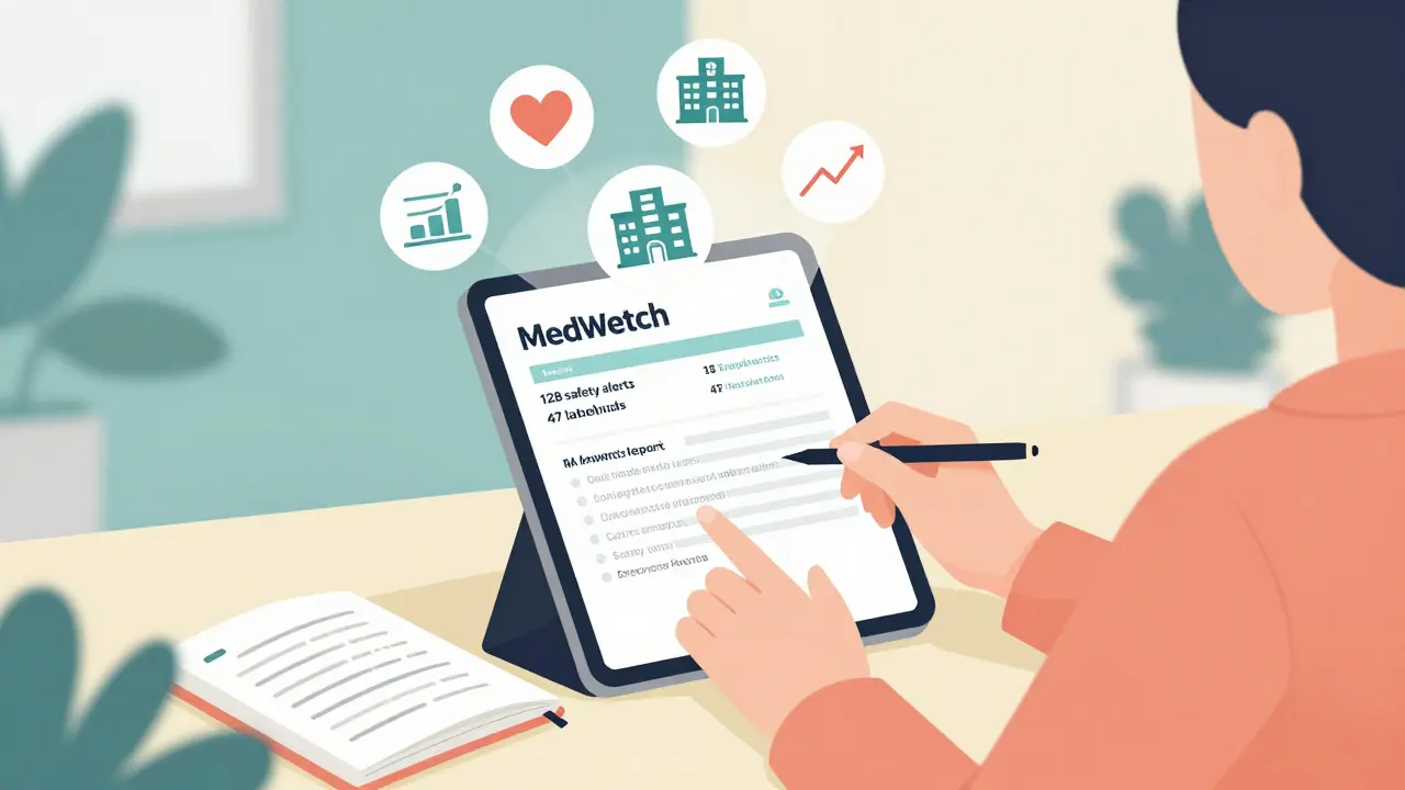 Patient submitting a side effect report on a tablet, with safety alert icons floating above.