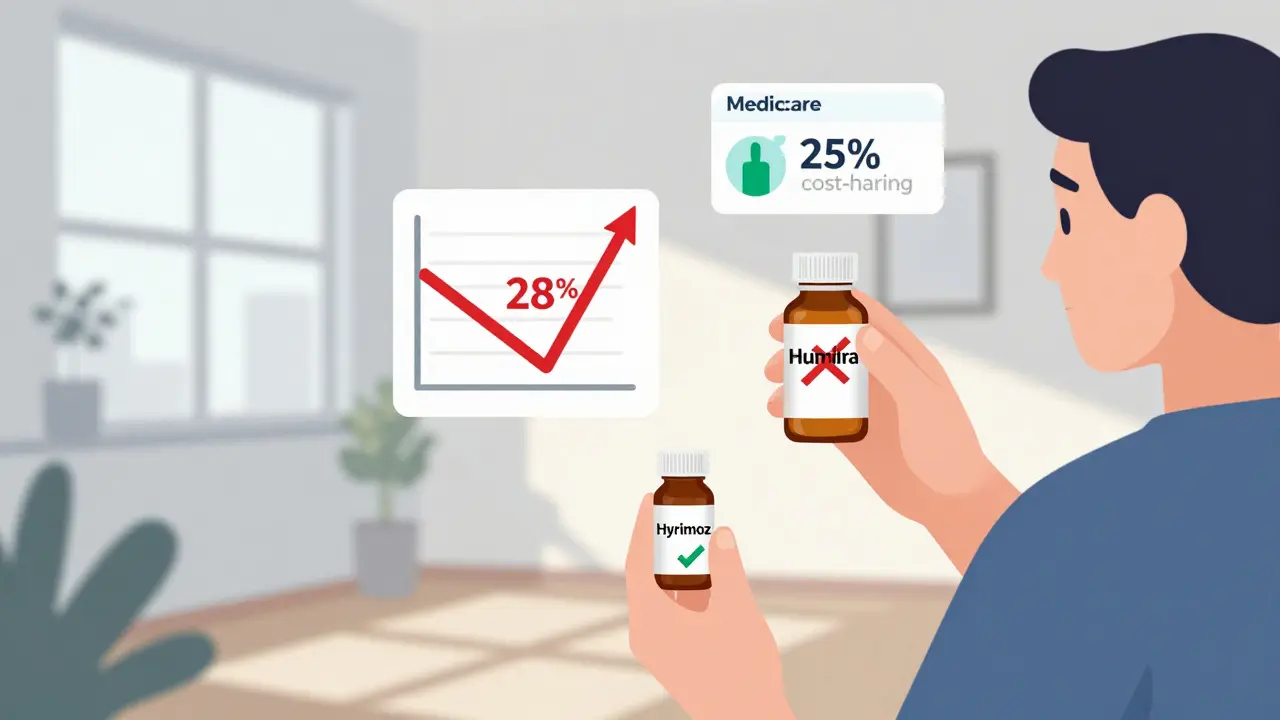 Patient switching from expensive biologic to affordable biosimilar with price drop graph and Medicare symbol.