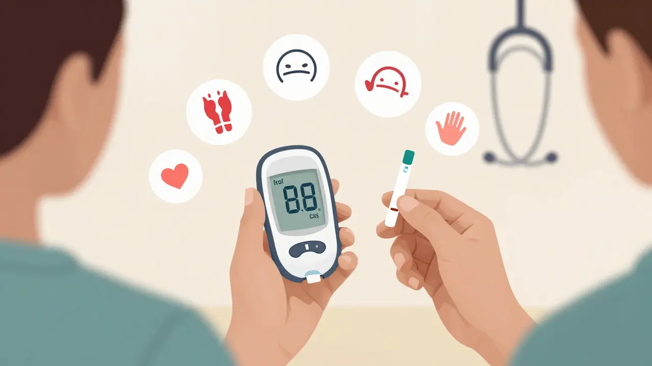 Person holding glucose and thyroid tests with floating symptoms like hair loss and mood swings around them.