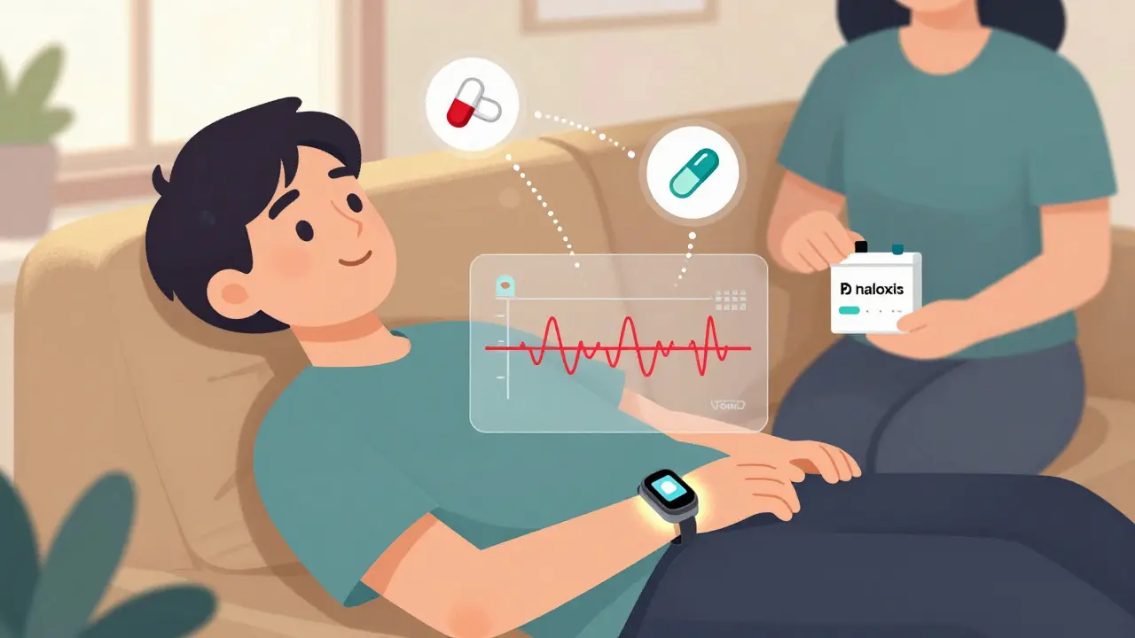 Person resting safely with wearable monitor, friend nearby holding naloxone, sunlight and medication icons around them.