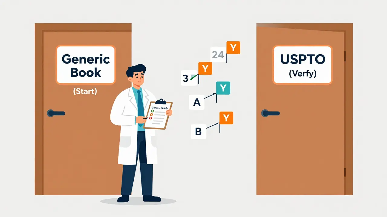 Pharmacist choosing between FDA and USPTO verification paths to approve generic drug access.