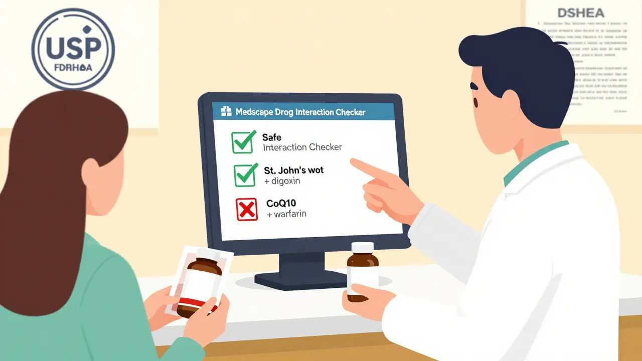 Pharmacist showing interaction checker results to patient, with supplement bottle and USP seal visible in background.