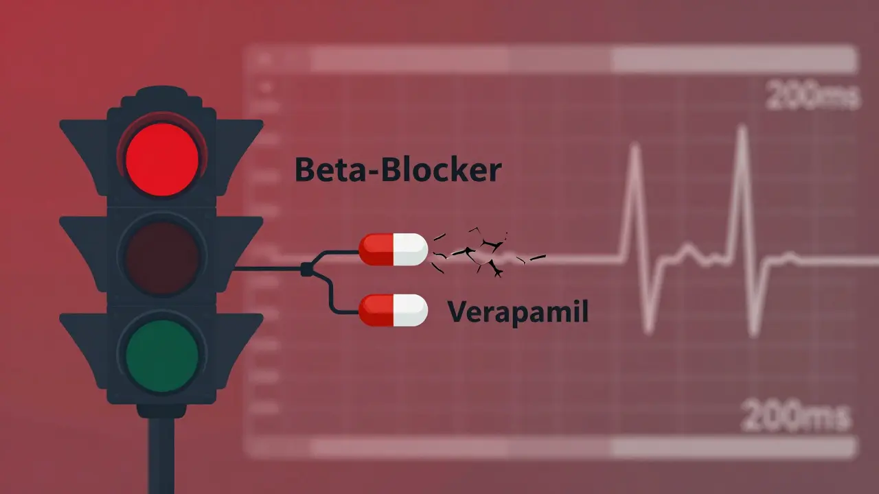 Red stoplight warning sign with beta-blocker and verapamil pills on a cracked circuit, symbolizing dangerous combo.