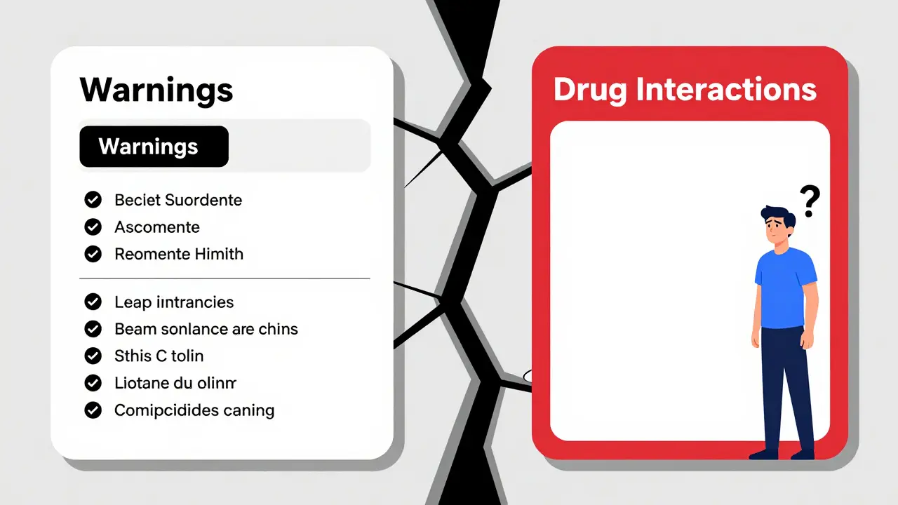 Side-by-side comparison of prescription drug label with warnings and supplement label with blank interaction section, separated by a chasm.