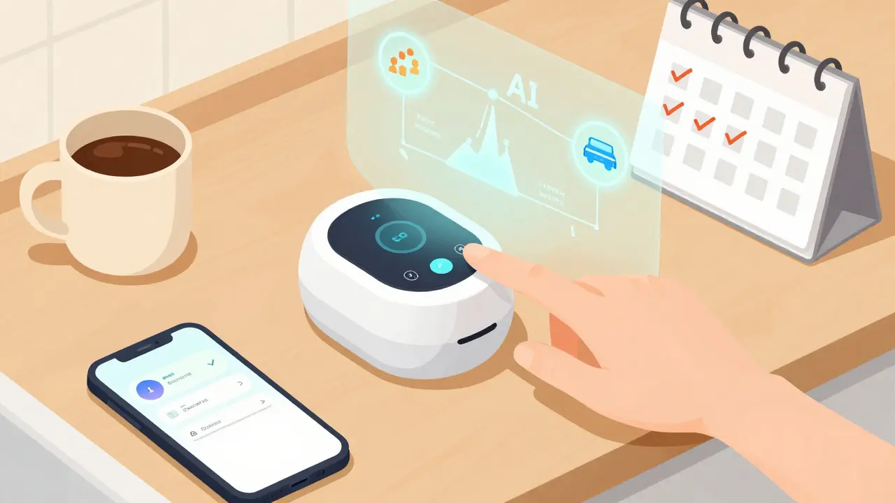 Smart pill dispenser on kitchen counter with calendar and phone reminder, overlaid with subtle AI connection lines.