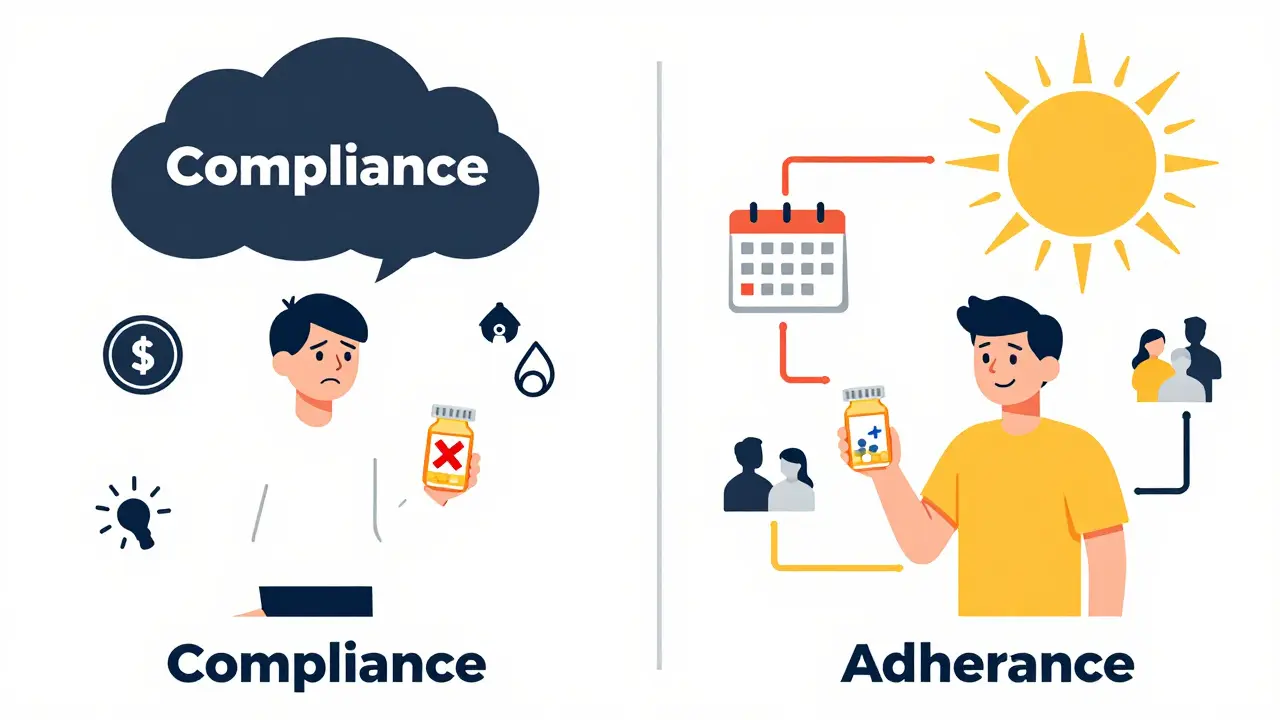Split illustration: left side shows compliance with isolation and fear, right side shows adherence with support and sunlight.