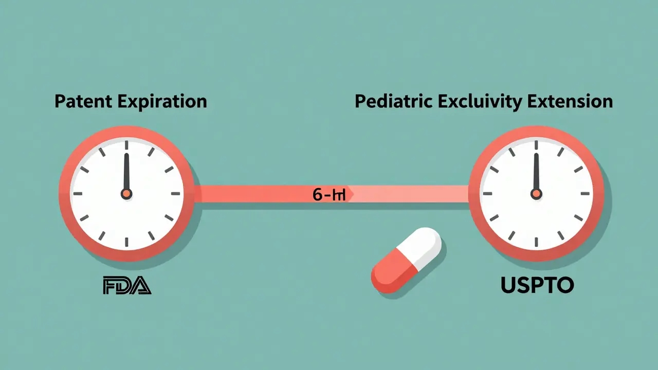 Timeline with two expiration dates showing 6-month pediatric exclusivity extension for a drug.