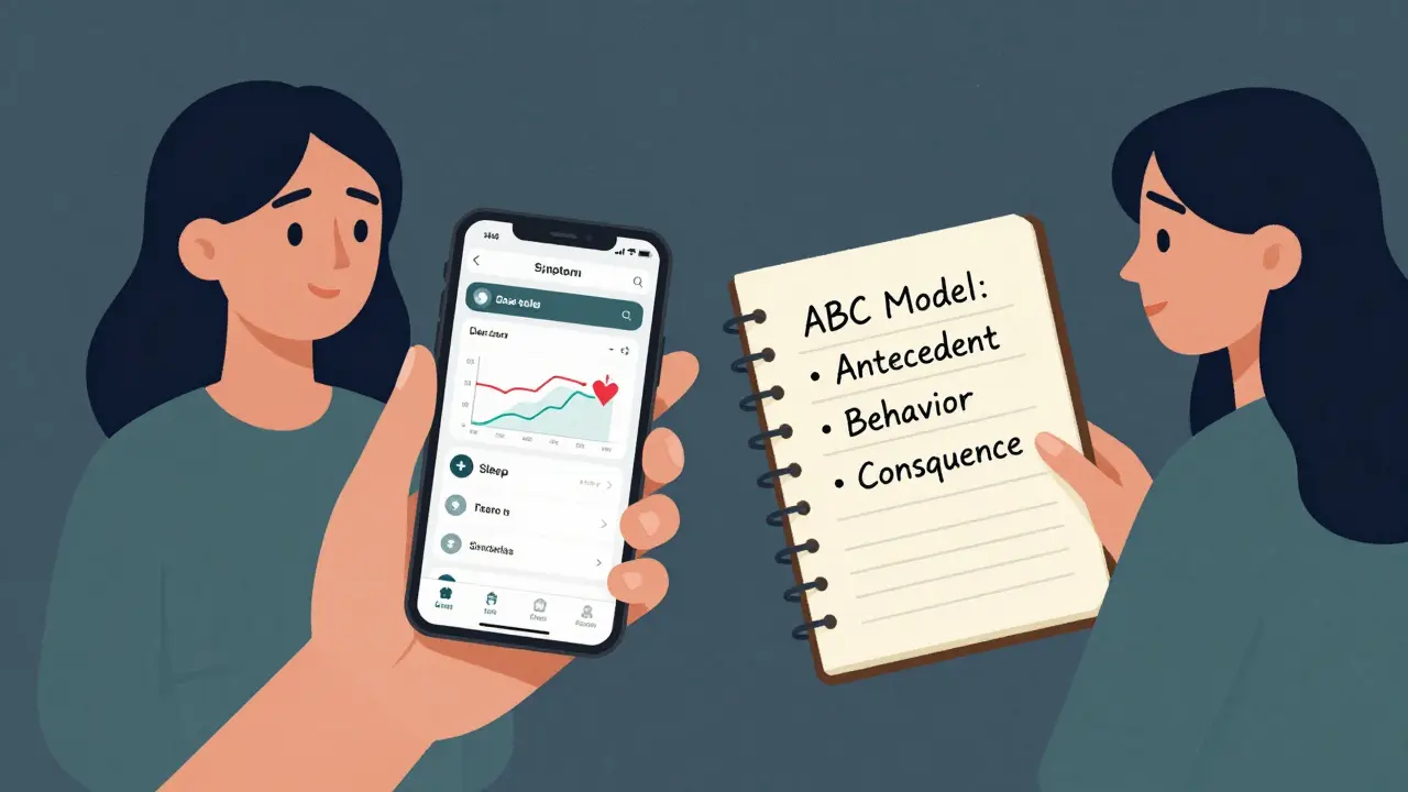 Woman comparing digital symptom app with handwritten journal on a nightstand.