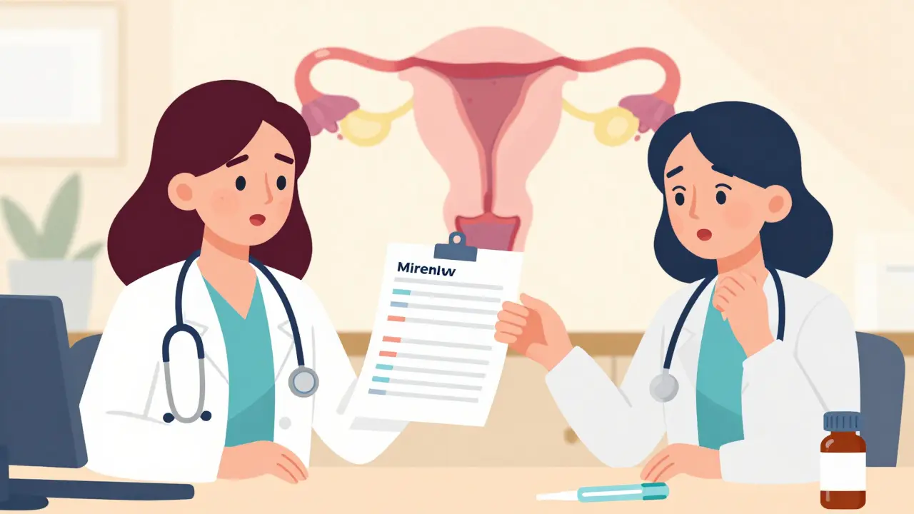 Woman explaining menstrual bleeding to doctor, with IUD and medication on desk in clinic setting.