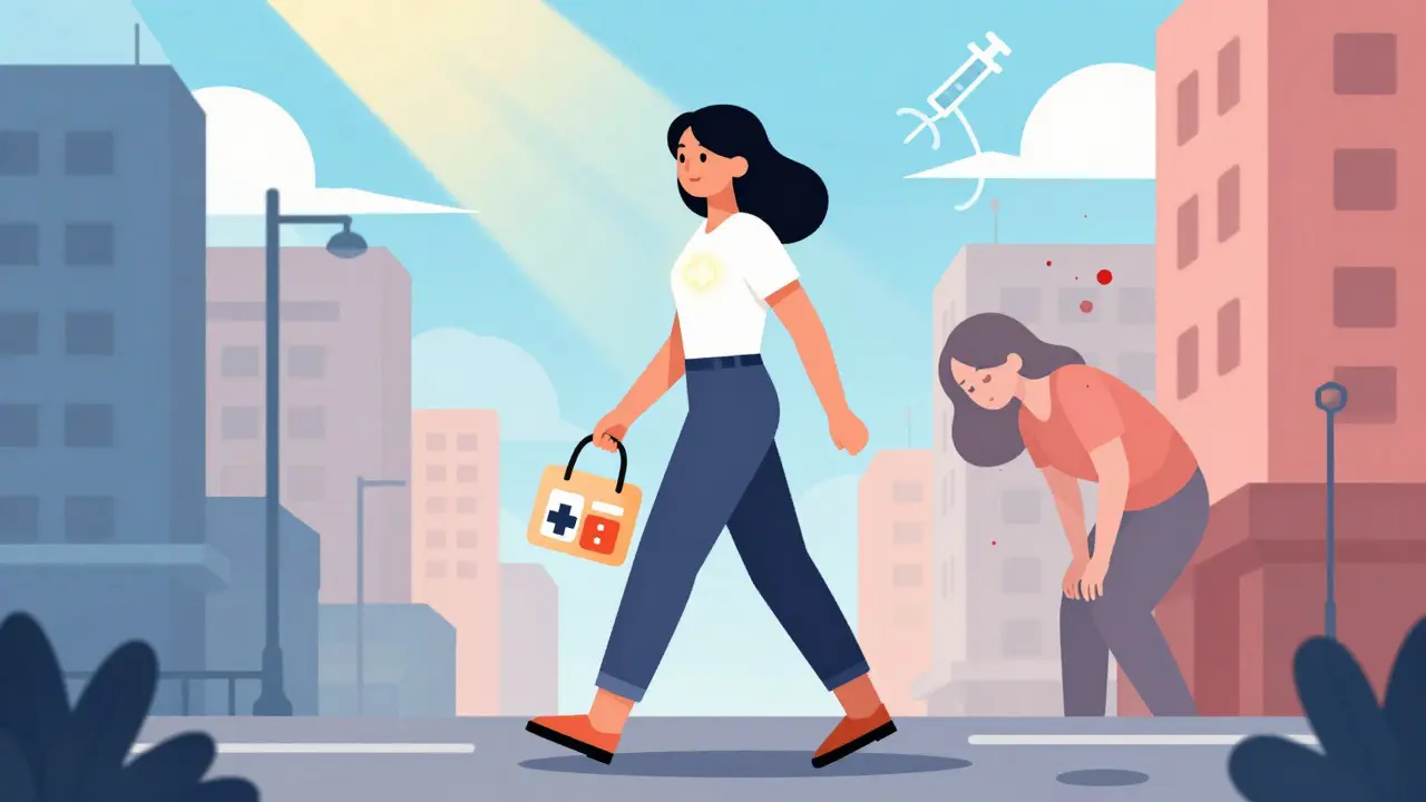 Woman walking confidently, past exhausted self fading behind, symbolizing recovery from heavy periods.