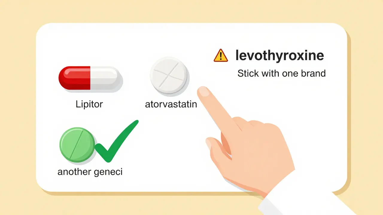 A chart showing brand and generic pills with a warning icon for thyroid medication and checkmarks for others, illustrated in flat style.