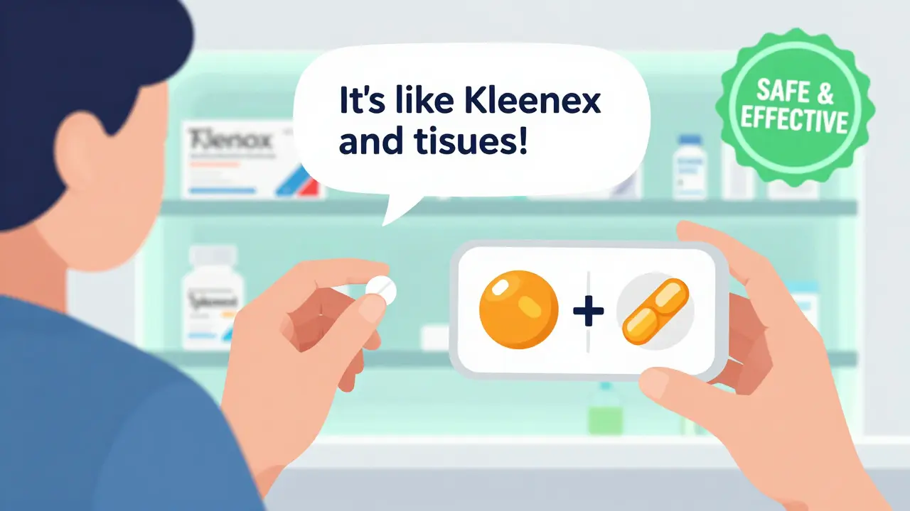 A patient holding a pill while viewing a comparison of Tylenol and acetaminophen icons, with a speech bubble using a tissue analogy.